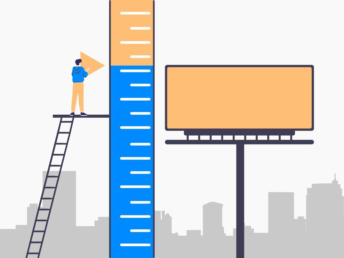 Calculating billboard ROI depicted by a person on a ladder holding a sideways arrow that points at a thermometer with blue and orange coloring inside. A billboard is next to it.