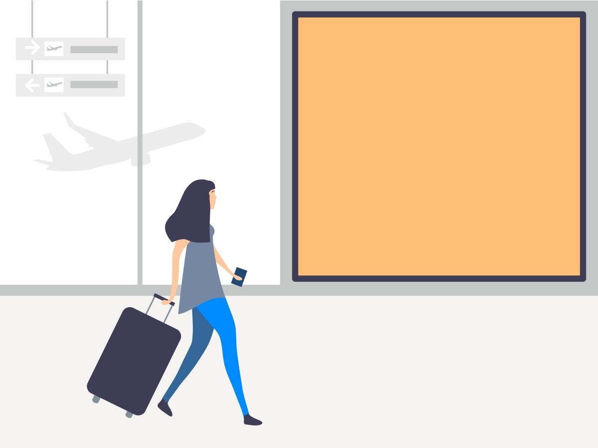 Place-based media depicted by a digital drawing of a person walking through a minimalist airport with a suitcase. Airplanes passing in background and a large orange billboard is behind.