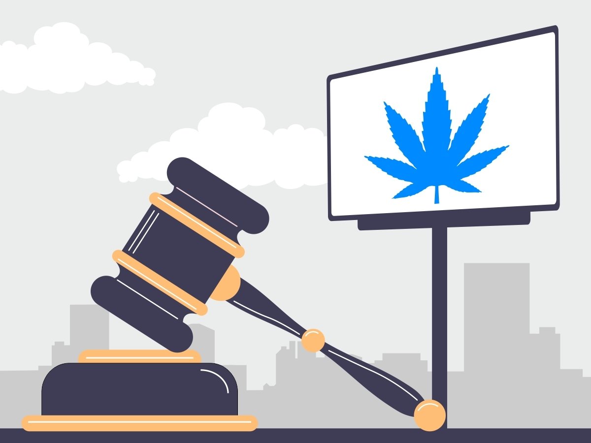 Cannabis marketing depicted by a gavel on the left and a billboard with a blue cannabis leaf on the right.