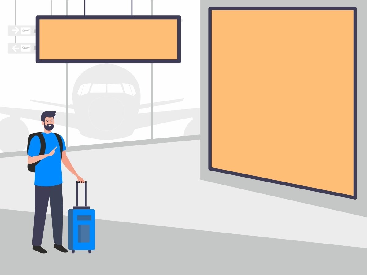 Types of airport ads depicted by a man in blue with a blue suitcase doing a thumbs up. He is standing in an airport terminal with two large orange signs. A grounded plane is in the background.