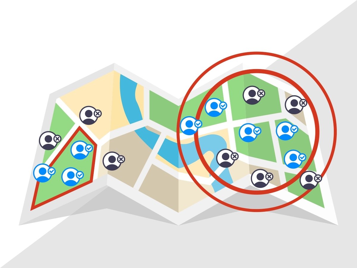 geofencing vs geotargeting depicted by a 3D brochure-style map with icons of people/ Red outlines indicate areas of interest on the map.