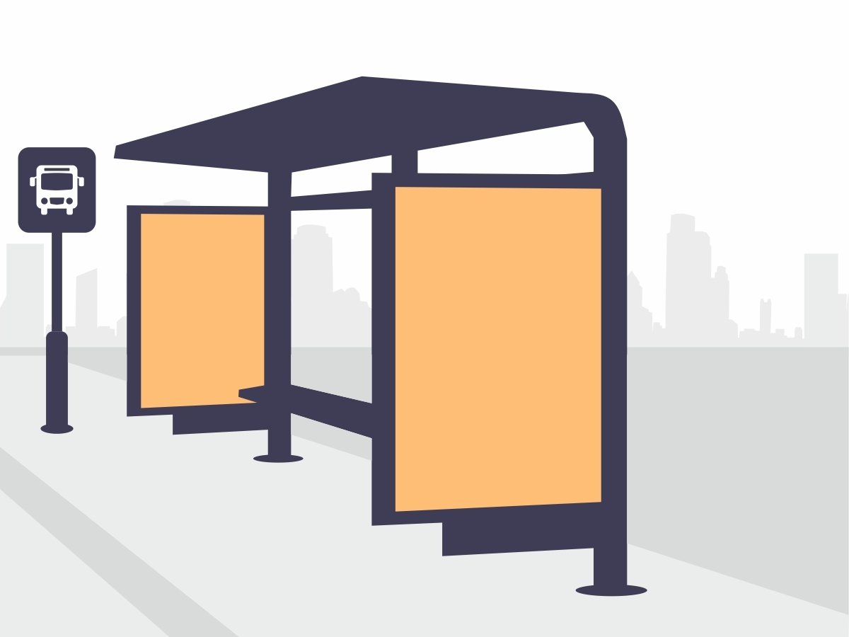 Street furniture depicted by a bus shelter on a curb with two display panels colored in orange. A pole with a bus icon is next to it. A gray cityscape is in the background.