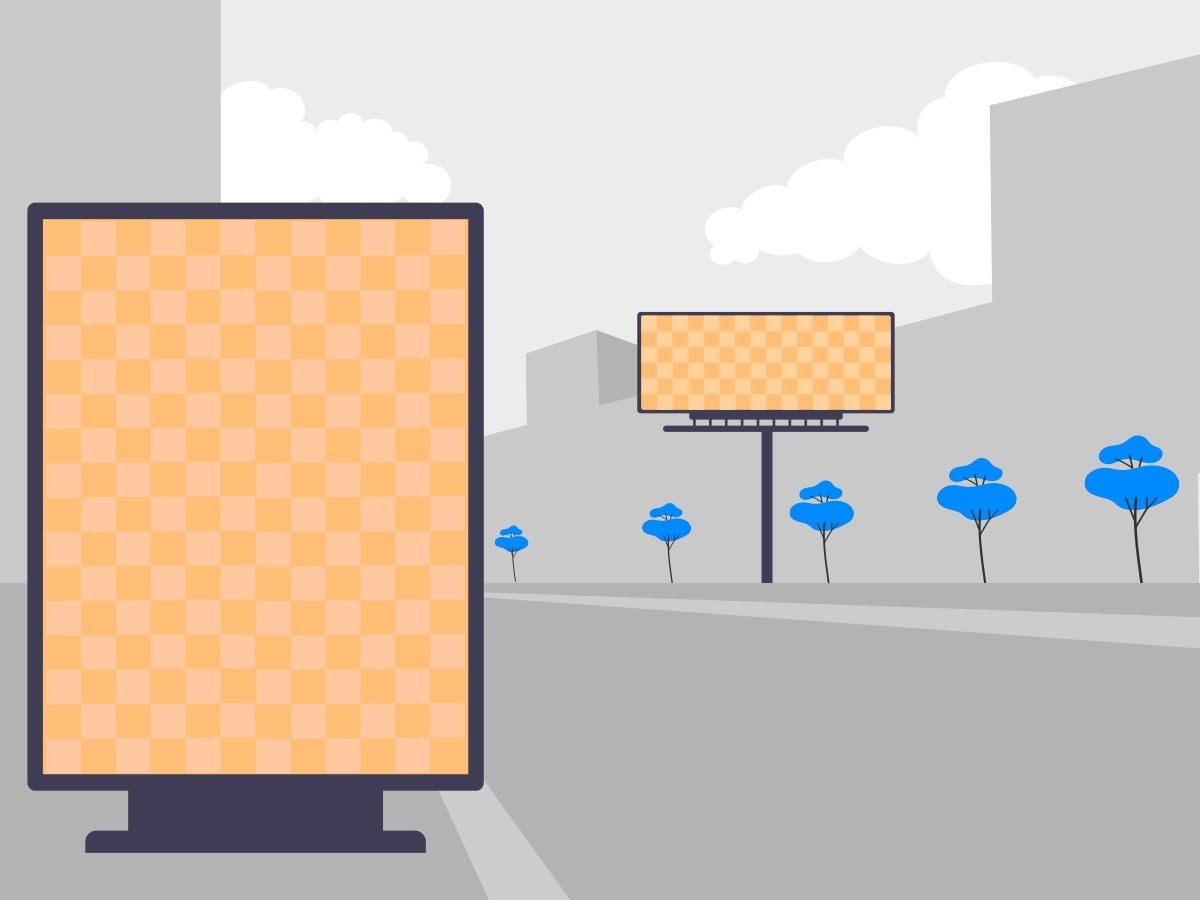 DOOH advertising depicted by a kiosk display with orange checkers. Behind is a street lined with blue trees and a billboard with orange checkers.
