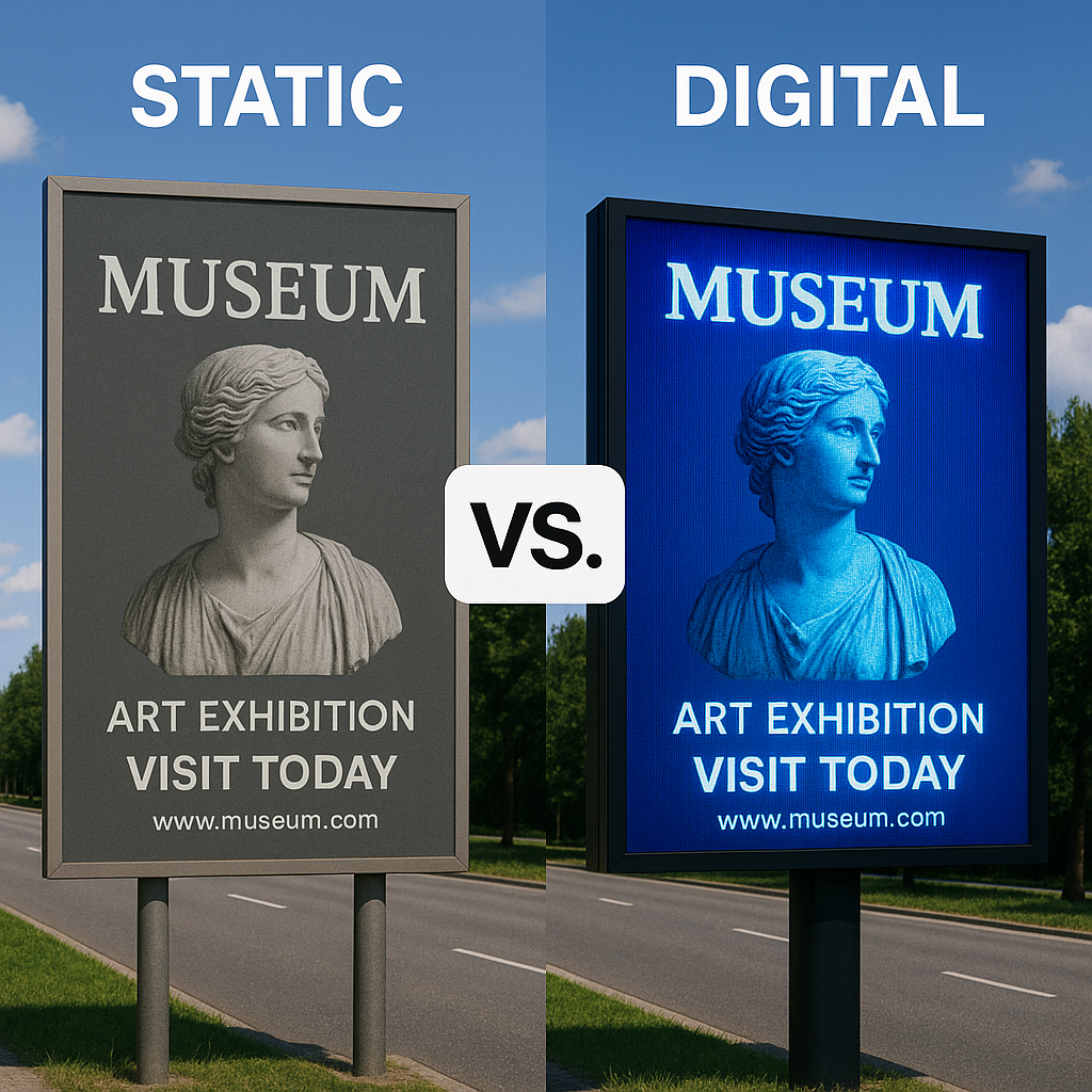 A side by side comparison of a static billboard advertising an art museum and a digital one