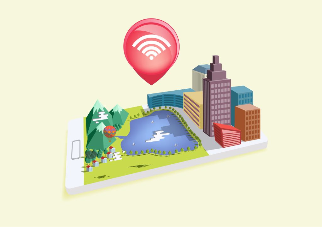 Graphic of a phone that has a 3-D City and park coming out of it with a location Wi-Fi symbol above. Indicating Location place hybrid of technology
