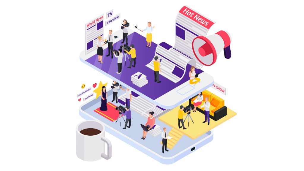 A graphic of layers through a phone with people demonstrating various aspects of marketing an event from press release Live broadcast publications and more