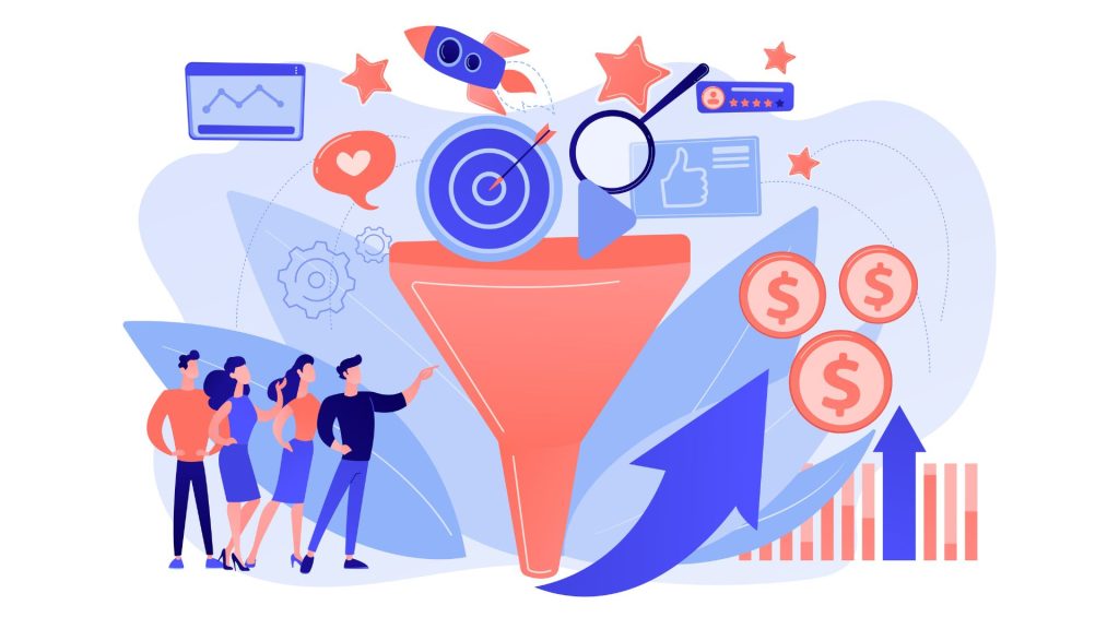 A graphic representing a marketing funnel with a funnel in the middle people gesturing to it with various benchmarks represented