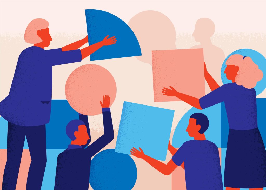 A graphic of people working together to build something big with various shapes