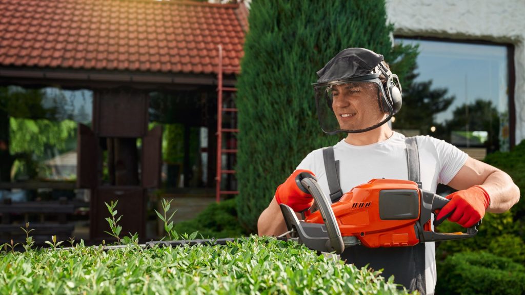 A picture of a man landscaping a bush.
