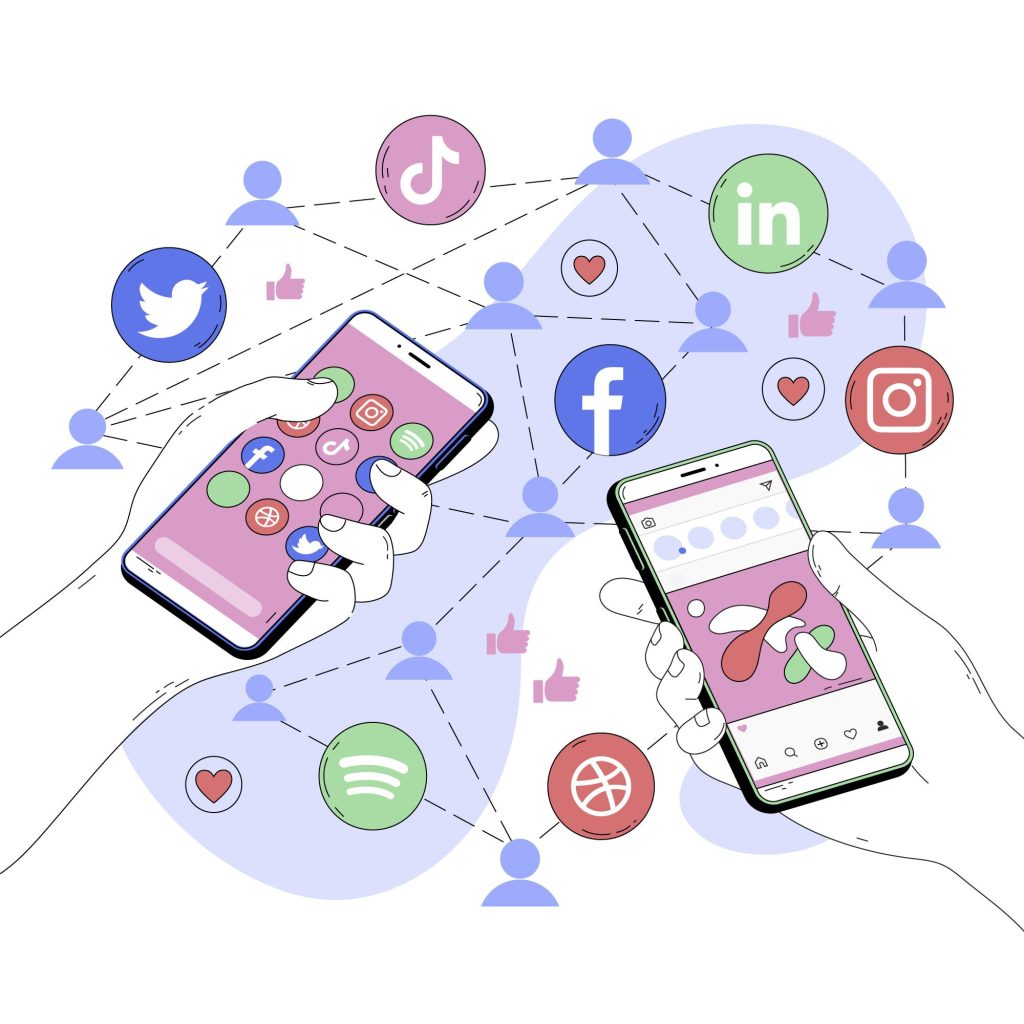 A graphic of two hands holding smart phones with social media on it with various social media platforms coming out of it connecting to different figures