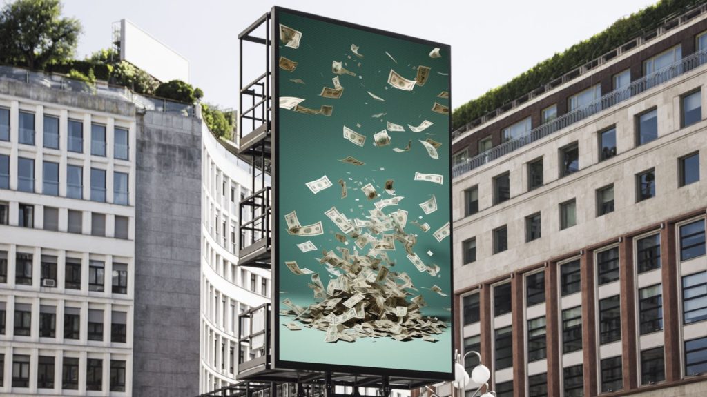 A photo of a billboard in the city with an image of a pile of money forming from it falling from above.
