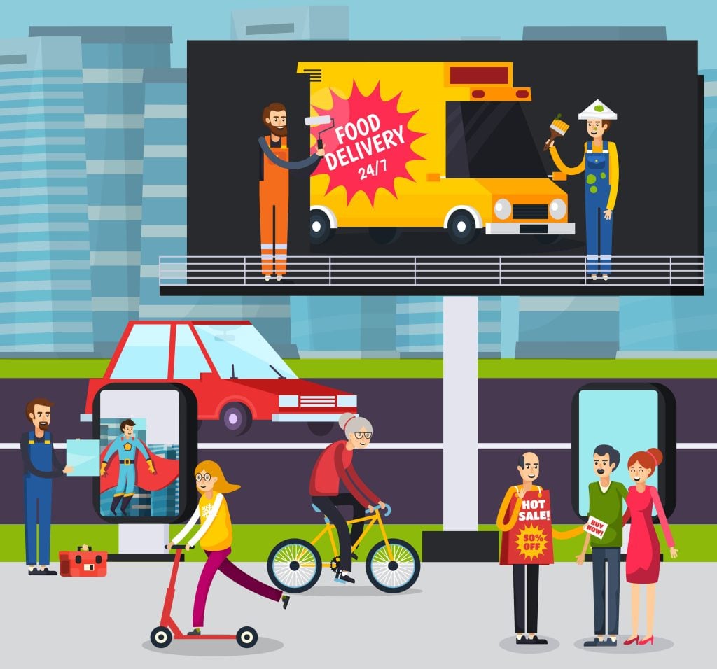 This illustrated streetscape shows how everyday outdoor ads—billboards, transit shelters, and digital screens—reach consumers on the move. For insurance providers, using high-visibility placements like these can significantly increase insurance sales by keeping their brand top-of-mind throughout the customer’s daily routine.