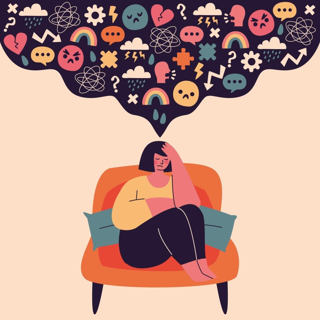A graphic oh a woman sitting in a comfy chair in distress with a cloud of thoughts above her with various icons displaying mental health worries and emotions.