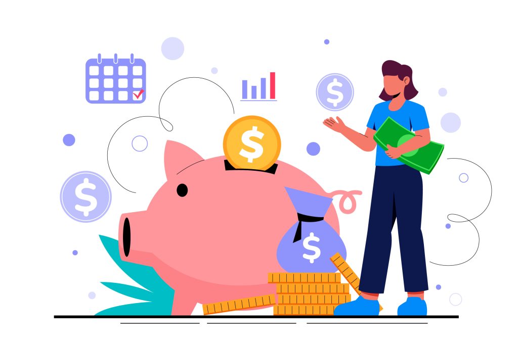 A graphic of a piggy bank and a woman walking towards it holding money with various money bags and ROI and KPIs indicated through charts.