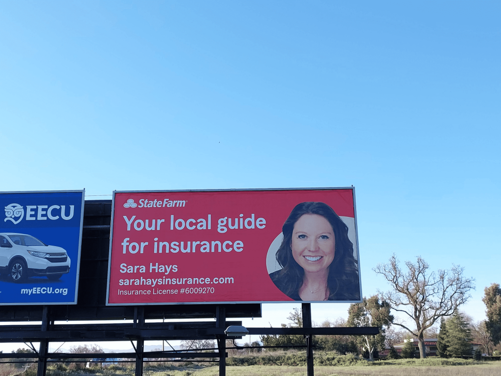 Local agent billboards like this one highlight the power of visibility in boosting insurance inquiries. By combining a friendly headshot with a simple call-to-action, insurance businesses can increase insurance sales by meeting customers where they already are—on the road.