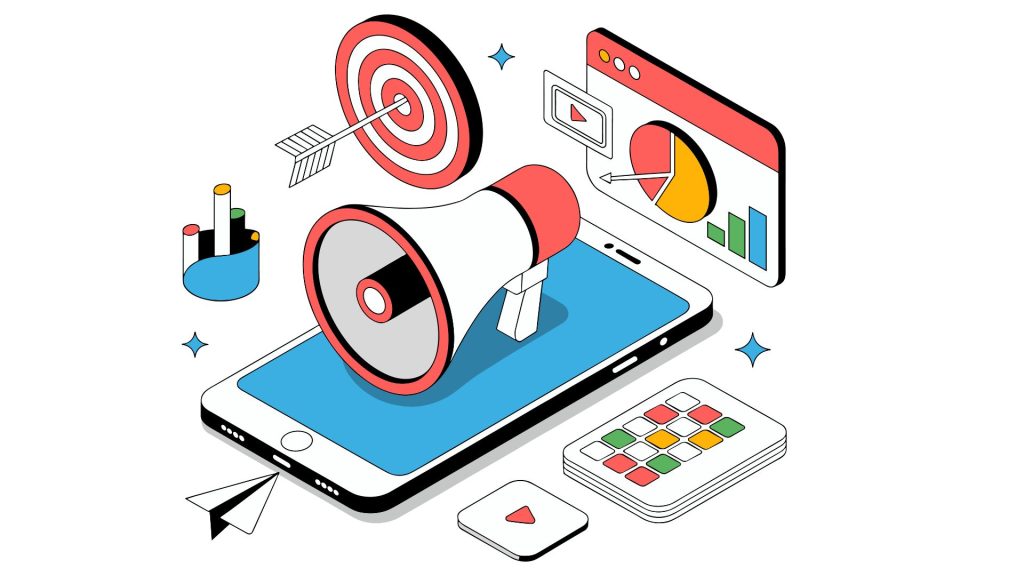 A graphic depicting an advertising strategy with a megaphone coming out of a phone with a target, web browser depicting KPIs, social media, and apps.