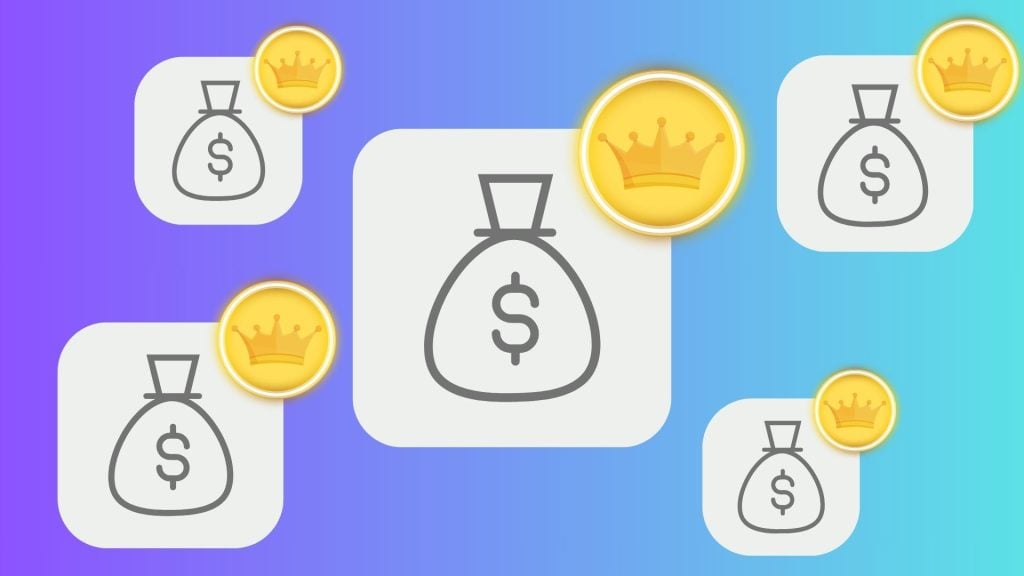 Illustration of money icons with crown symbols on a gradient background, used as a visual reference when discussing access levels, premium features, and cost considerations related to canva billboard designs and professional design resources.