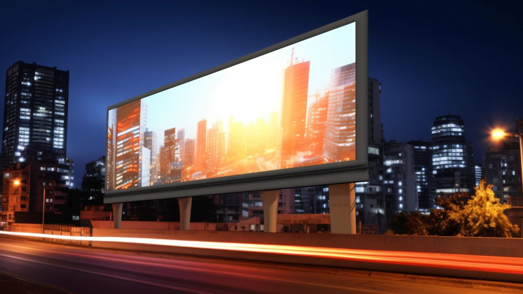Digital billboard overlooking a city highway at night, illustrating how self-driving cars and outdoor media create new advertising opportunities for reaching passengers during urban travel.