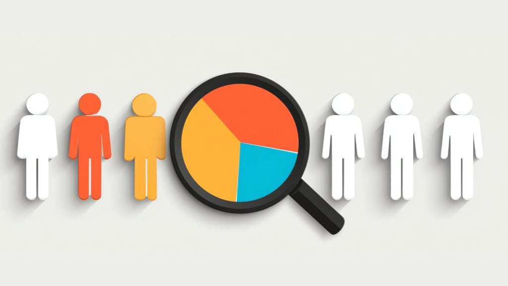 A photo of human icons with two in different colors that match the colors in a magnifying glass to symbolize identifying your target audience 