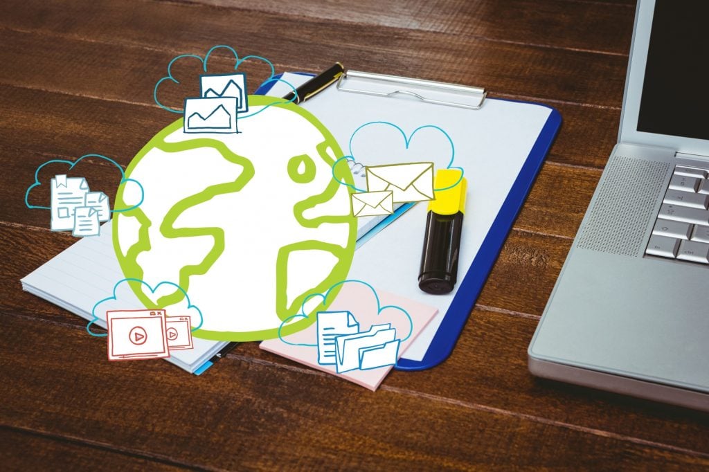 Digital green marketing concept featuring a hand-drawn Earth globe with cloud-based icons for video, email, and files on a clipboard next to an office laptop.
