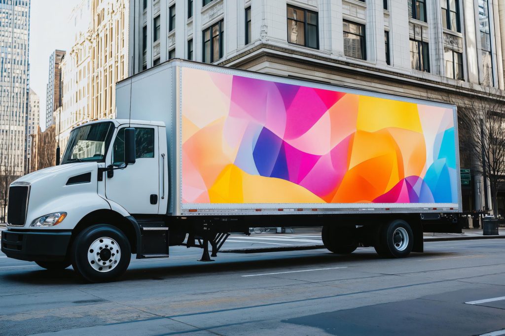 A large box truck showcasing high-impact truck advertising with a vibrant, colorful abstract wrap, driving through a city street lined with tall buildings and urban architecture.