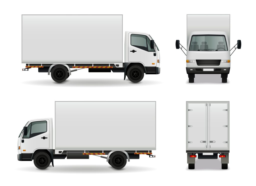 A professional mockup for truck advertising featuring a white delivery truck shown from four angles—side, front, and back—with large blank panels for custom branding and vehicle wraps.