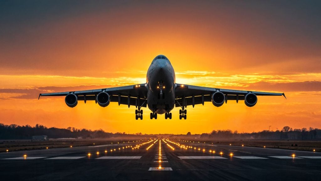 A picture of an airplane taking off at sunset.