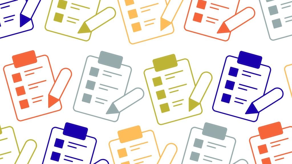 A vibrant pattern graphic features multiple rows of colorful check-list clipboards and pencils, visually representing a methodology for how to conduct market research.