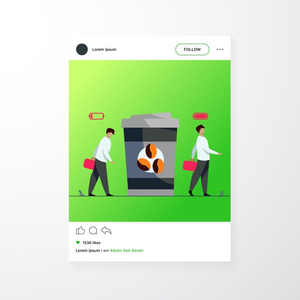 A social media interface mockup for a digital campaign, featuring a creative coffee illustration with low-battery icons to engage mobile audiences.