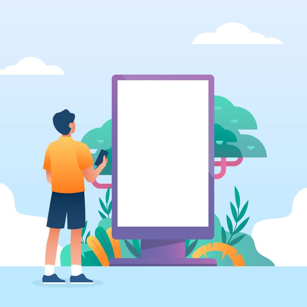 A flat vector illustration of a person holding a smartphone while looking at a tall, blank purple digital billboard in an outdoor park setting with lush green trees.