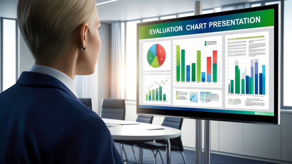 A professional woman in a boardroom viewing a large screen labeled "Evaluation Chart Presentation," detailing the analytical step of how to evaluate reach and frequency for outdoor media buys.