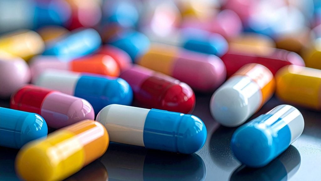 A vibrant, high-definition close-up of various blue, orange, and red pharmaceutical capsules on a dark surface, serving as a clean background for pharmacy advertising creative.
