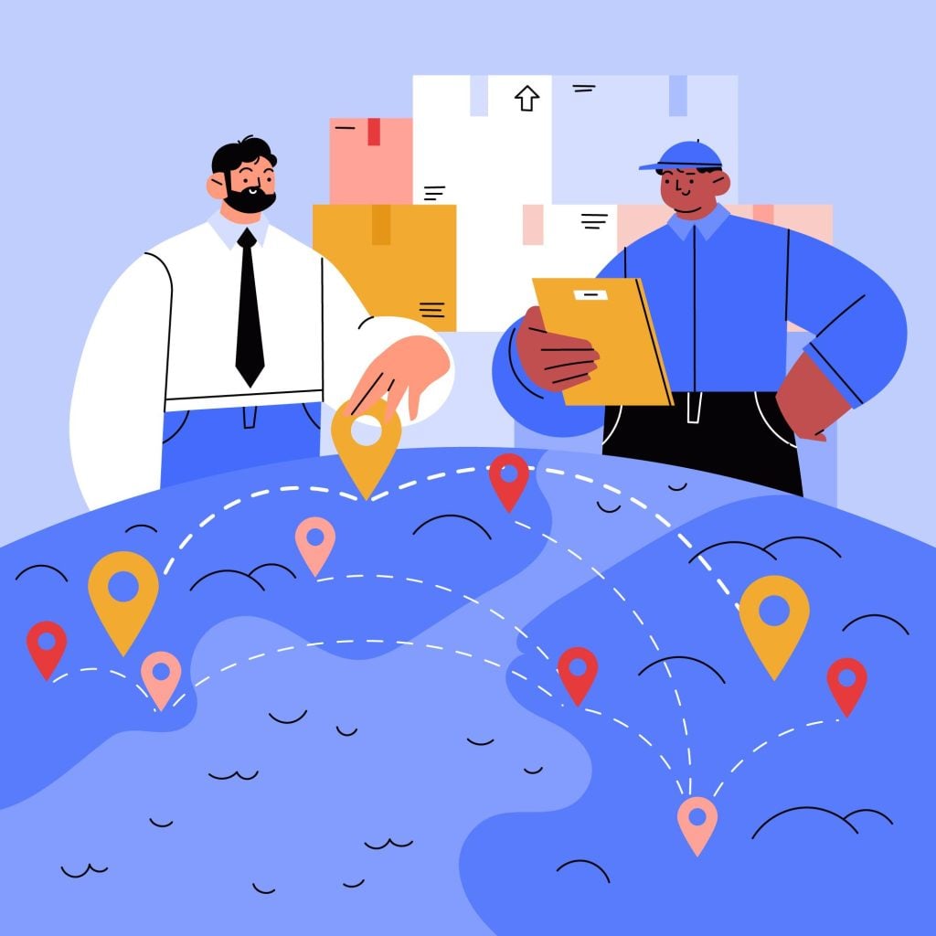 A flat vector illustration of two professionals managing global shipments on a map, representing the operational side of multi-location marketing campaigns.