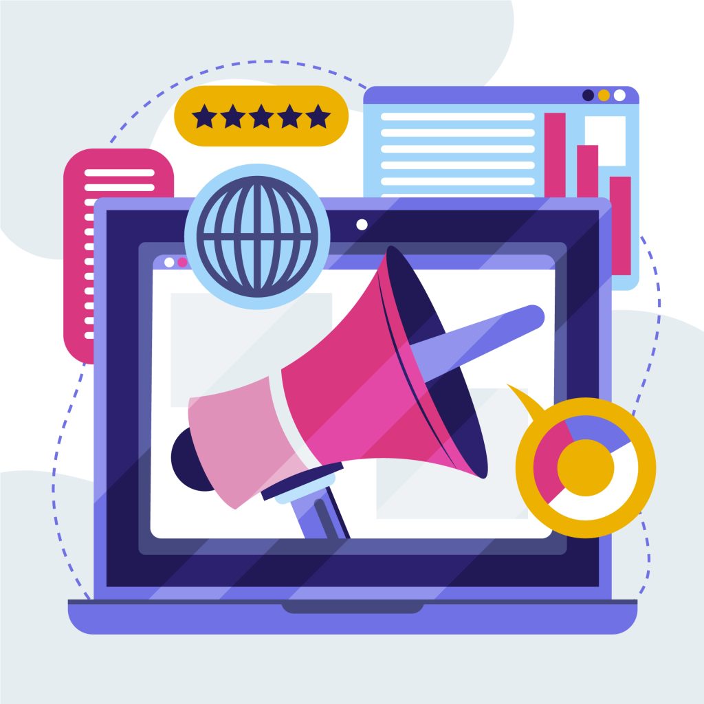 Laptop with megaphone, analytics charts, and online marketing icons, showcasing digital promotion tactics in a what is GTM strategy framework.