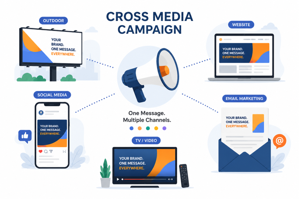 Cross media campaign illustration showing a unified marketing message across outdoor advertising, social media, website, email marketing, and TV channels connected through a central megaphone.