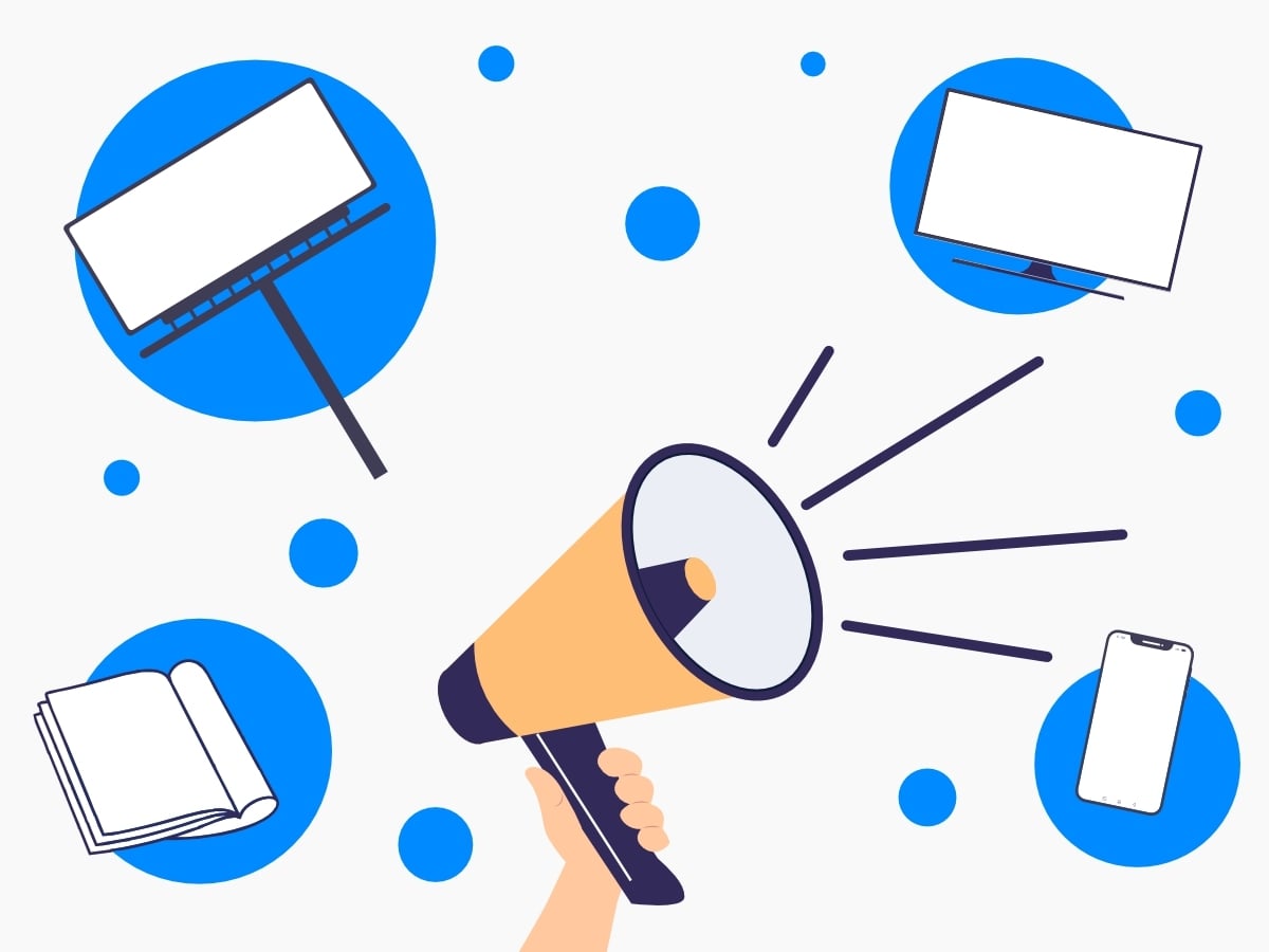 Illustration of a megaphone connected to billboards, print media, and mobile advertising, representing a cross media campaign across multiple marketing channels.