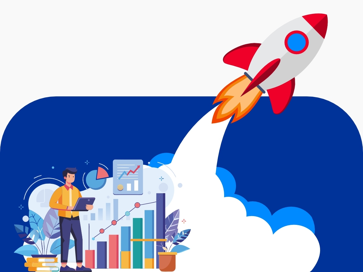 Rocket launching above business growth charts and analytics graphics, symbolizing business expansion and scaling through an effective GTM strategy.
