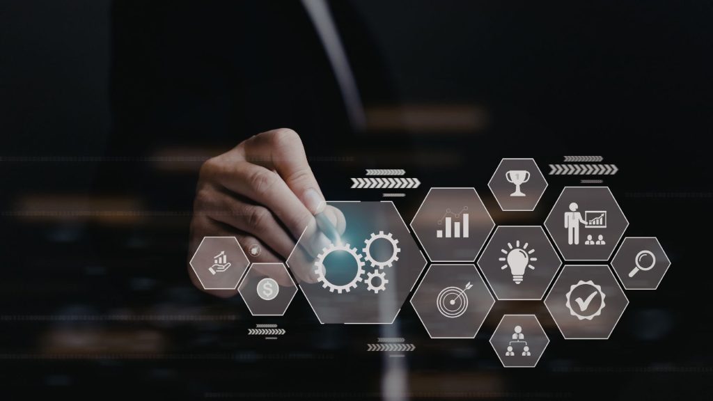 Business professional using a digital dashboard with analytics and optimization icons, showcasing technology and automation in a go-to-market strategy.
3D analytics illustration image