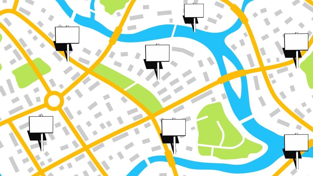 A simplified city map graphic featuring billboard icons across different zones, visualizing the placement strategy for multi-location marketing campaigns.