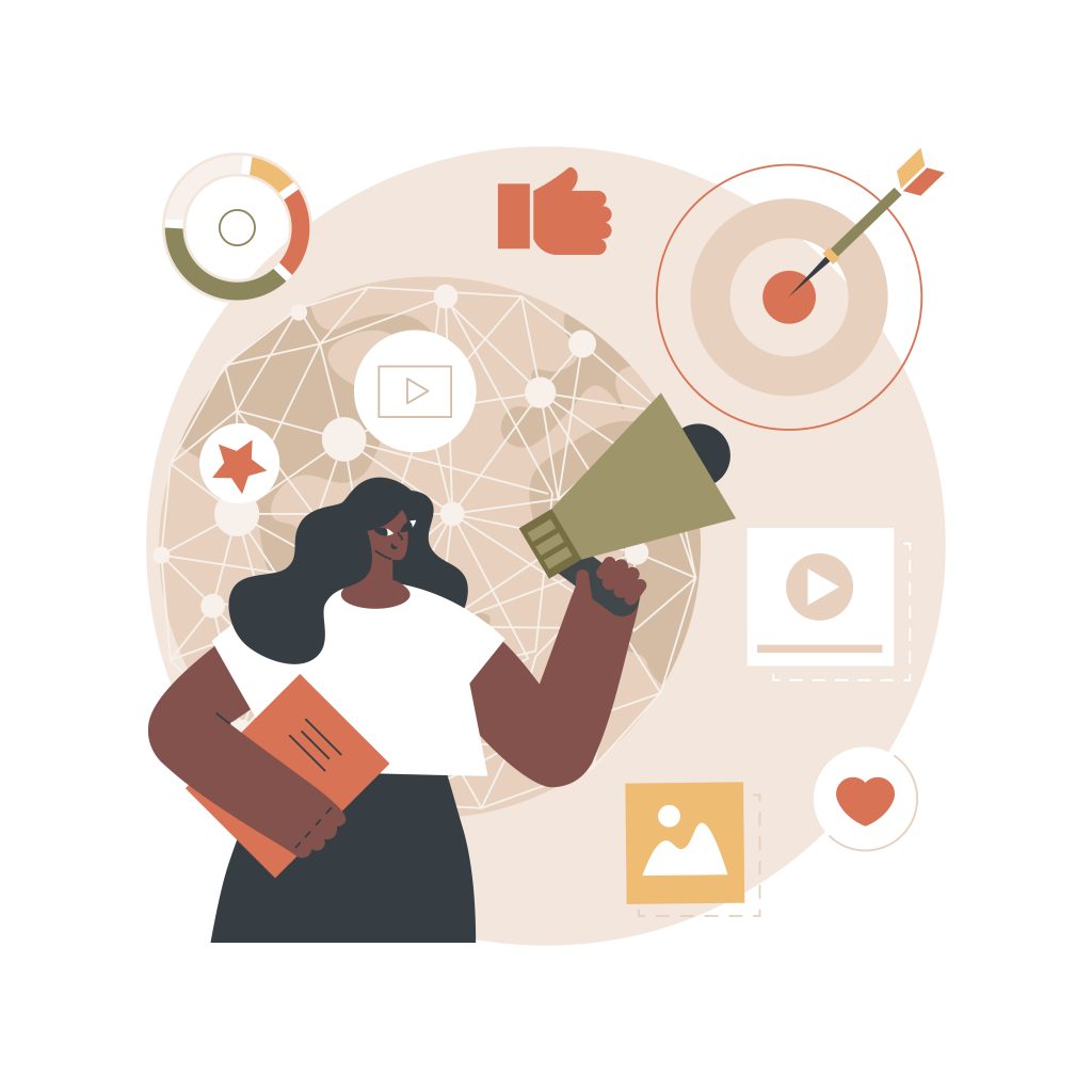 Cross media campaign concept featuring content marketing, social media, video, and audience engagement across multiple channels.