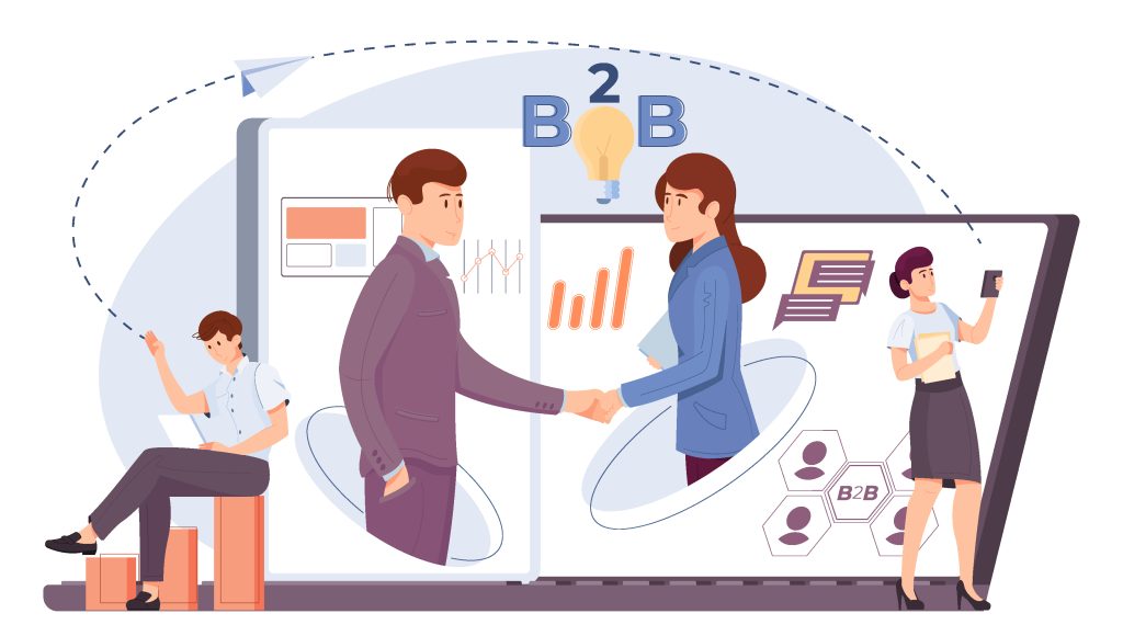 Illustration of two professionals shaking hands on digital devices, representing B2B advertising strategies that strengthen business relationships and drive sales.