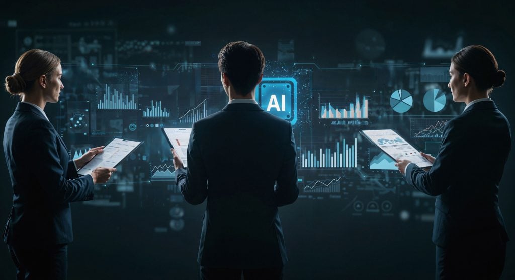 Business professionals analyzing AI dashboards demonstrate how consumer trust and AI support responsible data-driven decision-making.