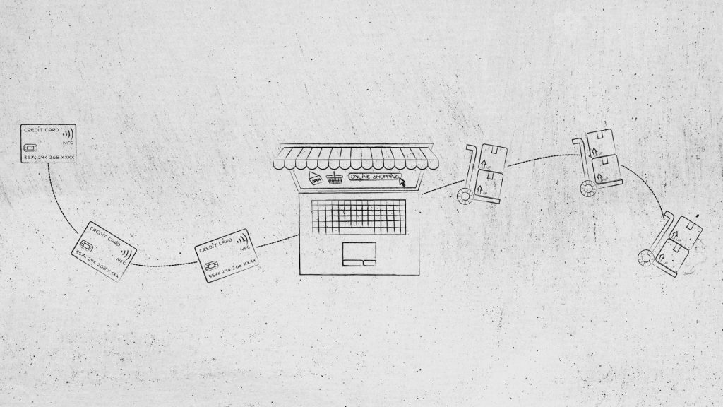 Illustration of an online purchasing and delivery process showing how B2B advertising strategies support digital sales and customer acquisition.